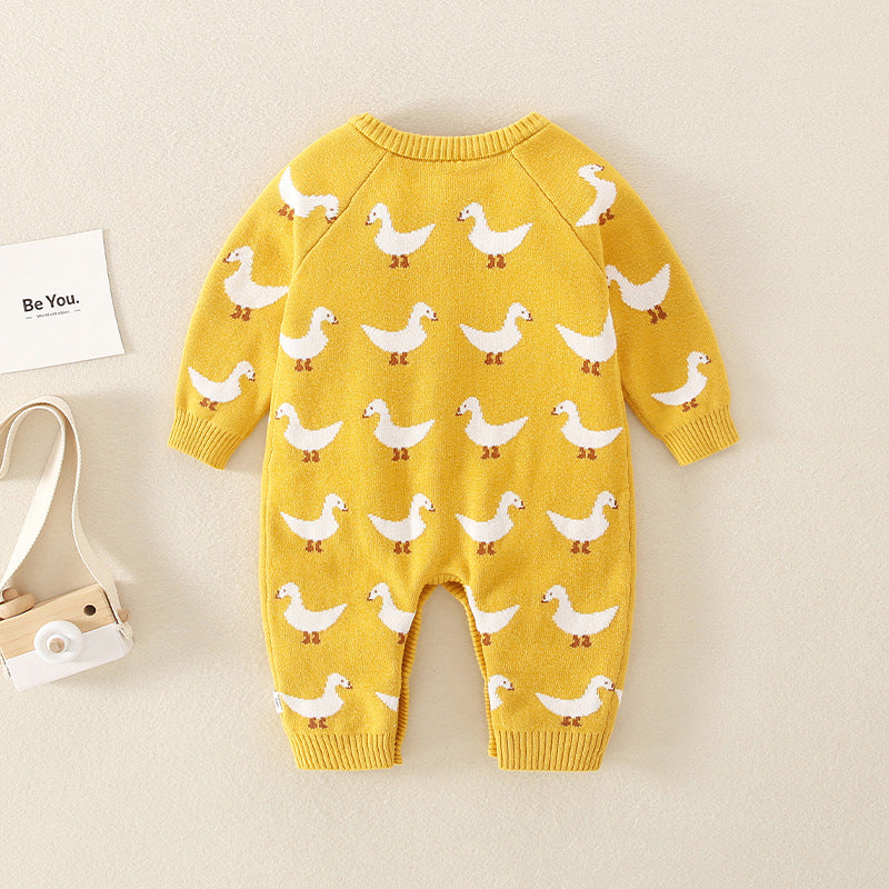 Mustard Yellow Baby Girl Knitted Romper with a charming Duck Print