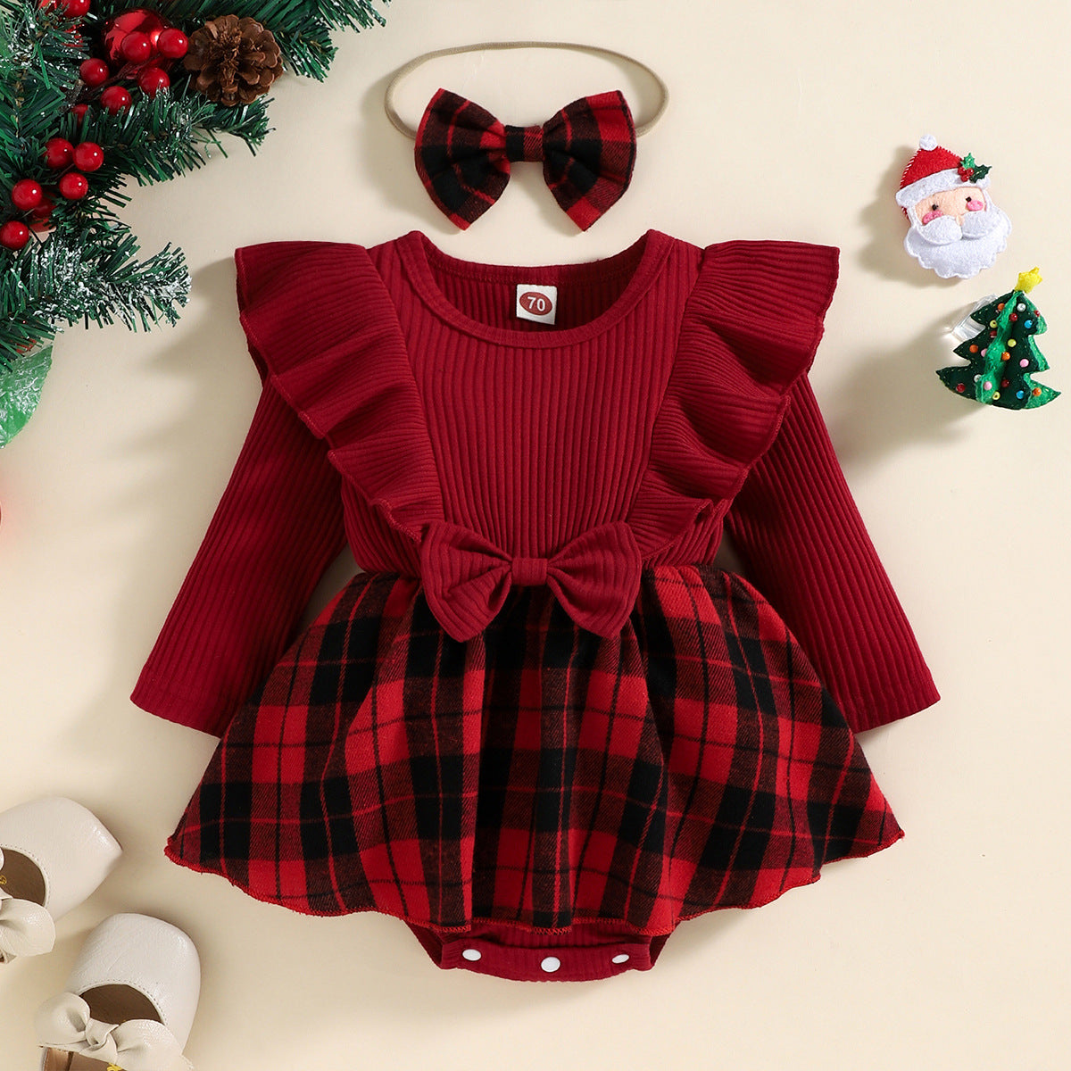 Long Sleeve Tartan Romper Dress