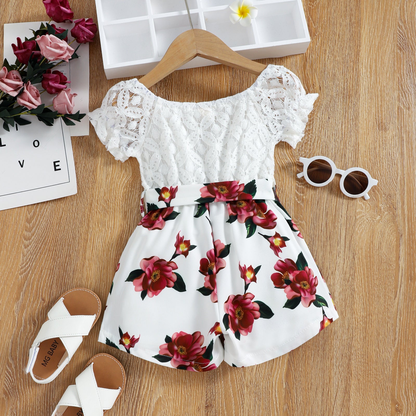 Girls Floral Lace Short Sleeve Top Print Jumpsuit