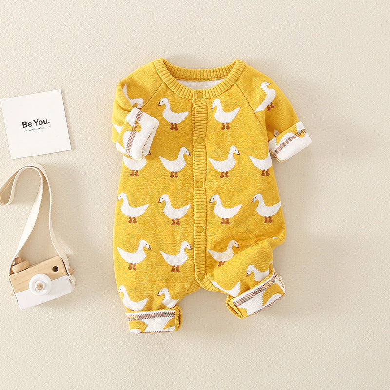 Mustard Yellow Baby Girl Knitted Romper (Duck Print)